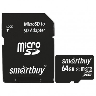 Карта памяти micro SDXC, 64 GB, SMARTBUY, 10 Мб/сек. (class 10), с адаптером, SB64GBSDCL10-01