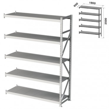 Стеллаж металлический (ПРИСТАВНАЯ СЕКЦИЯ) ПРАКТИК "MS Pro", 2500х1800х600 мм, 5 полок (КОМПЛЕКТ)