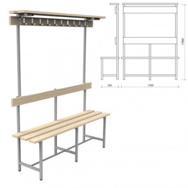 Скамья с вешалкой, спинкой и полкой "СВТ 8", 1760х1500х395 мм, 10 крючков, каркас металлический серый, сиденье дерево